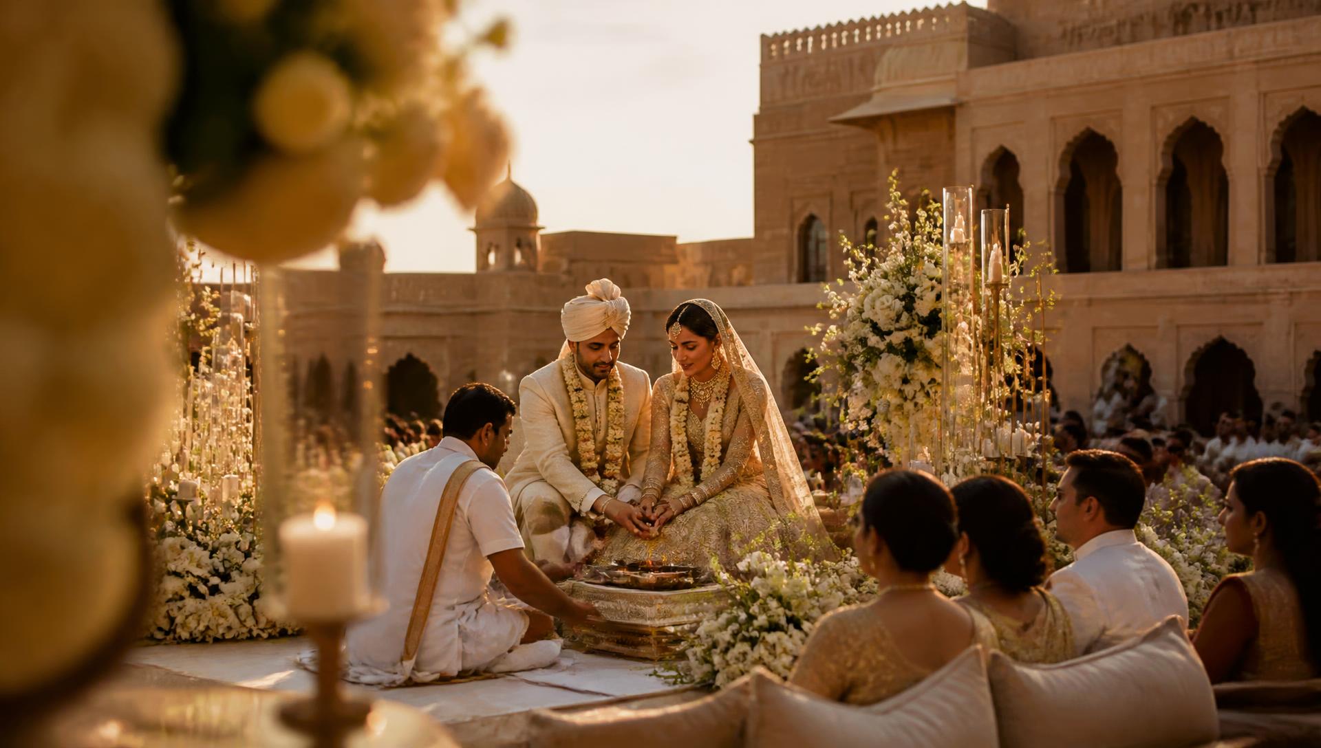 A candle-lit luxury destination wedding mandap at dusk